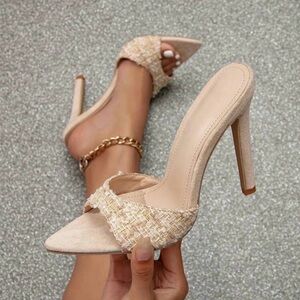 Women's Nude Tweed High Heel Slide Sandals